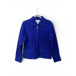 Lisa International Boiled Wool Jacket Womens M Cobalt Blue Full Zip Collared Vtg